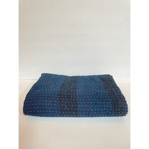 Indigo Blue Vintage Kantha Throw Blanket Hand Stitched Cotton Block Print 78x40